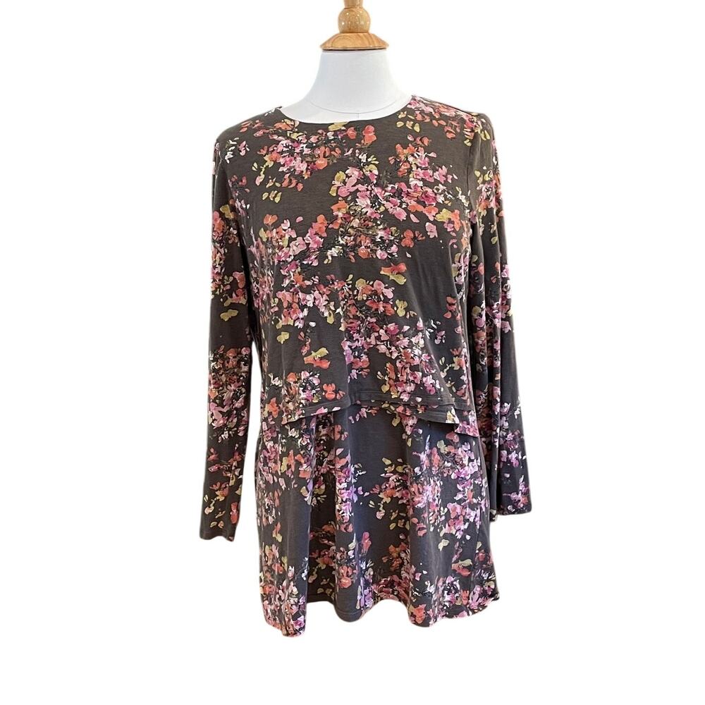 J. Jill Cotton Blend Brown Floral Long Sleeve Tunic, Casual, Boho, Size M